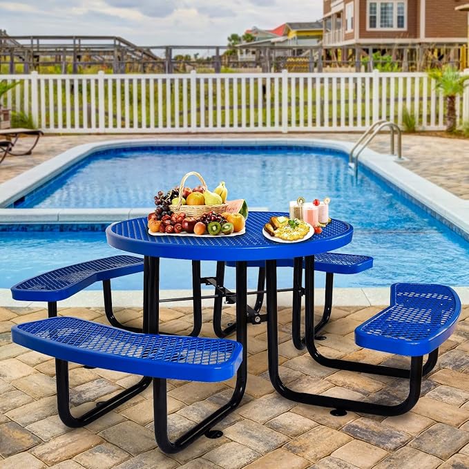Heavy Duty Picnic Table for Outdoors 3200 lbs Load All Metal Dining Table with Umbrella Hole up to 1.5", Round Camping Table for Commercial Picnic Table with Benches, Blue