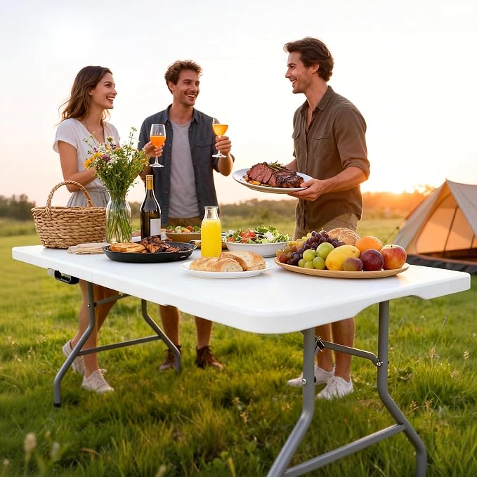 Fenbeli 6FT Folding Table, 350 LBS Heavy Duty Foldable Table with 18% Thicker HDPE Waterproof Top, Fold in Half Portable Table with Handle, Steel Frame for Indoor Outdoor Party Events