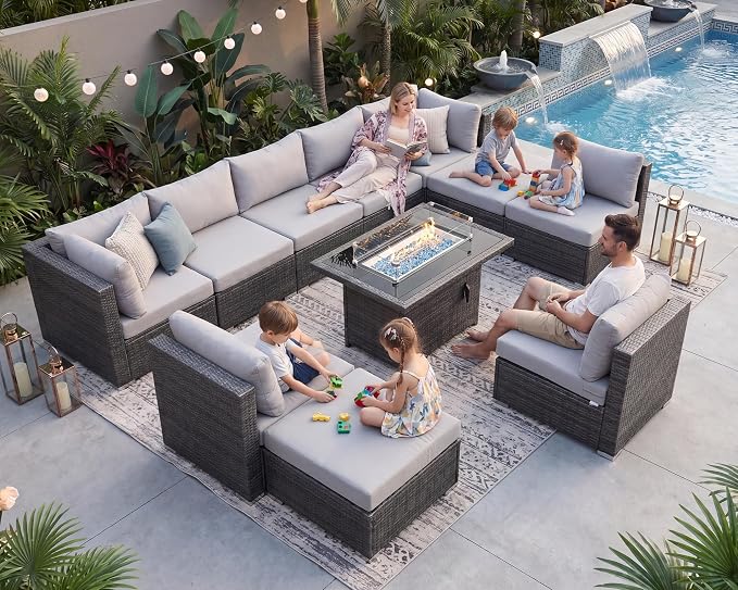 NICESOUL 11 Piece Outdoor Furniture Set with Fireplace, Luxury Big 10-Seats Patio Sectional, 29.3'' High-Back Backyard Seating Comfy, All-Weather Wicker Couch Sets for Outside, Deck, Light Grey
