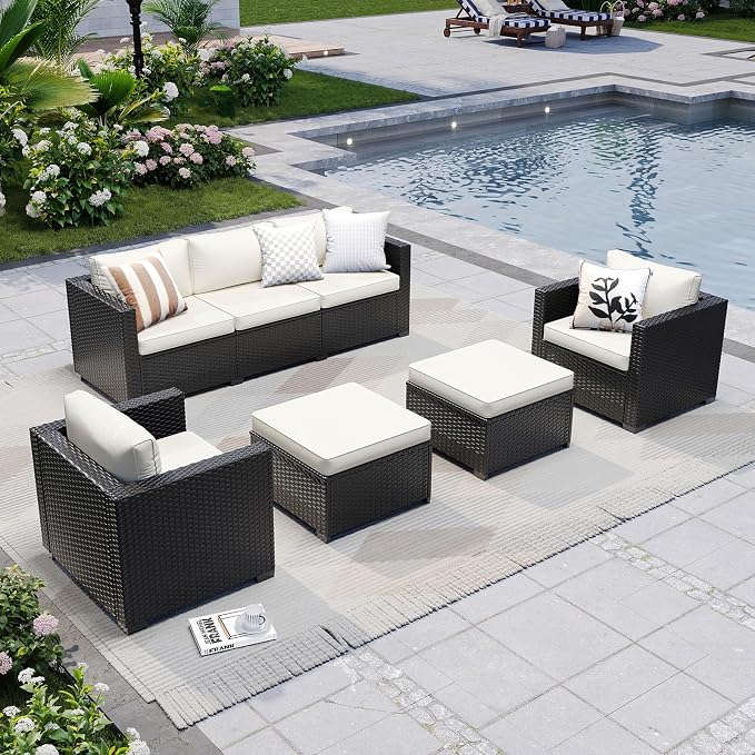 LazySunsets 5-Piece Outdoor Patio Furniture Set, Rattan Outdoor Sectional with Thick Waterproof Cushions, Wicker Ottomans & Waterproof Cover, Patio Conversation Set for Garden, Backyard, Beige