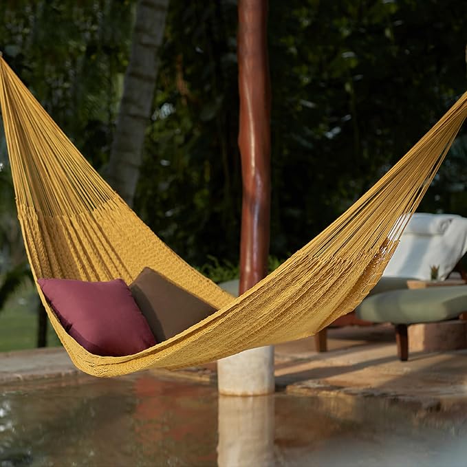 NOVICA Mustard Yellow Hand Woven Cotton Mayan 2 Person XL Rope Hammock with Hanging Accessories, 'Maya Mustard' (Double)