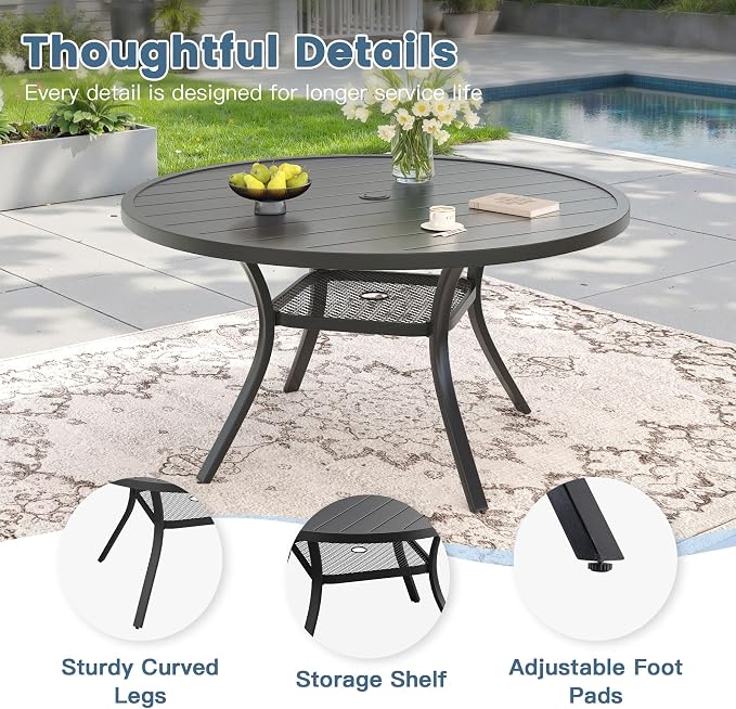 DIFY 5 Pieces Outdoor Dining Set for 4, 47.2" Black Round Metal Table with Umbrella Hole and Blue Textilene Swivel Patio Chairs, Patio Table and Chairs Set for Garden, Backyard, Poolside