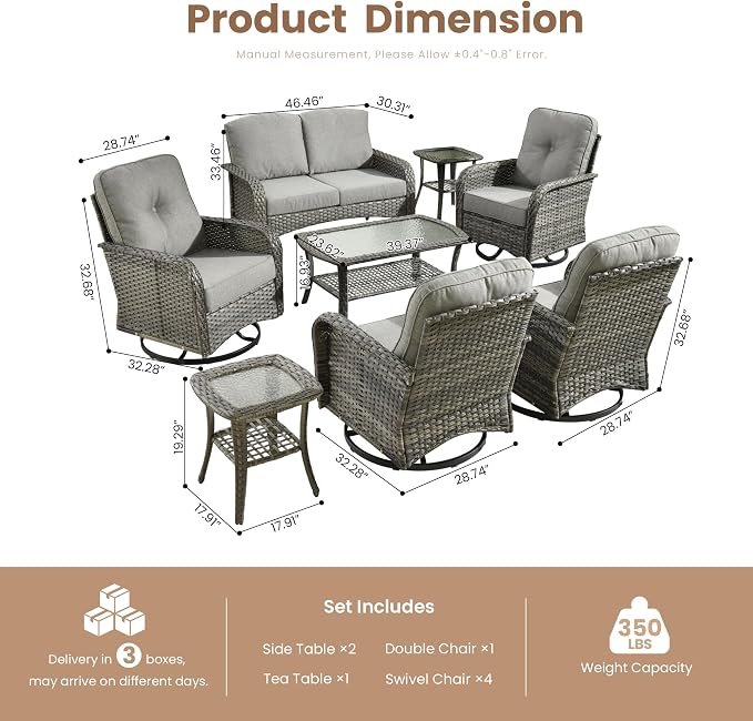8 Piece Wicker Patio Furniture Set with Swivel Chairs, Dark Gray | 4 Swivel Rocker Chairs, High Back Loveseat Sofa, Coffee Table, Rattan Outdoor Conversation Set, Porch Deck Backyard Poolside