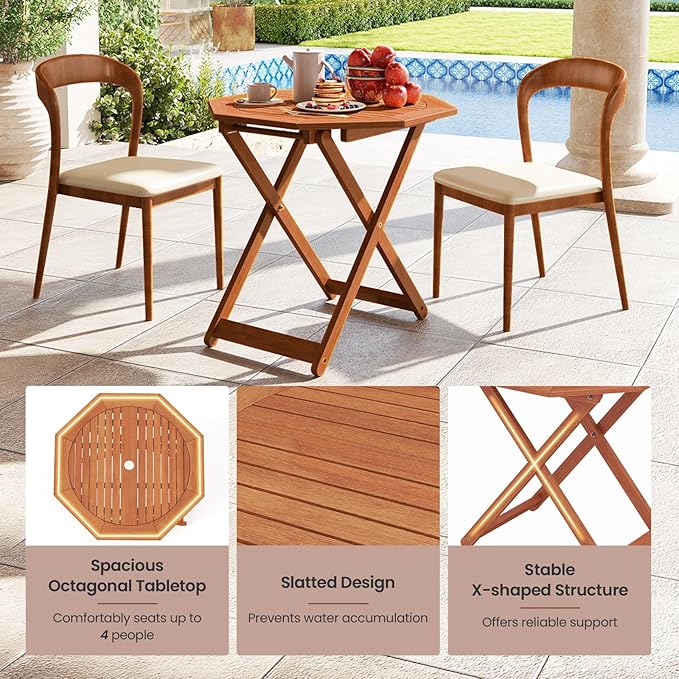 Tangkula 32-Inch Octagon Folding Outdoor Dining Table, Wood Patio Bistro Table with 2" Umbrella Hole and Slatted Tabletop, Outside Table for Garden, Yard, Porch, Teak Oil Finish, No Assembly Required