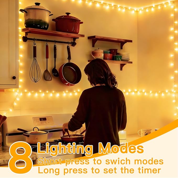 Ollny Christmas Lights 200LED 60FT Indoor, Warm White Connectable Plug in String Light Outdoor, 8 Modes Waterproof Timer LED Fairy Lights for House Outside Bedroom Patio Balcony