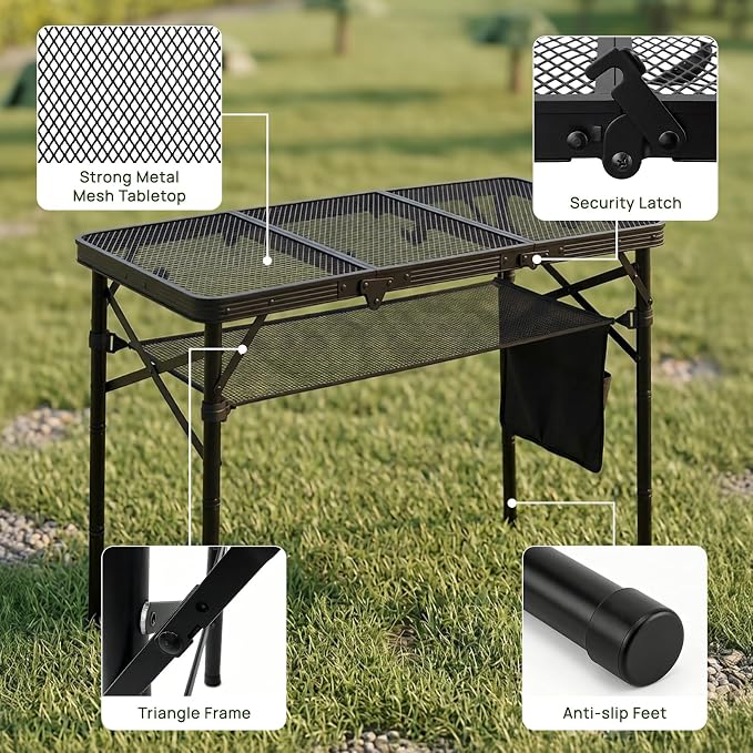 Folding Grill Table, 34"x16" Portable Camping Table with Storage Pocket, Heat Resistant & Waterproof Outdoor Picnic Table, Sturdy Lightweight for Travel Cooking BBQ, Camping, Backyard