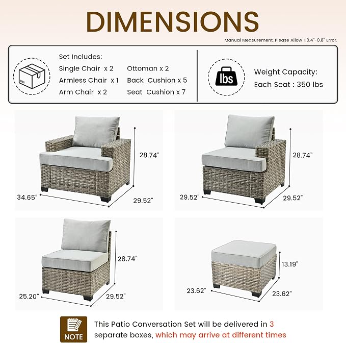 CAODOC Patio Furniture Sets 7 Pieces Outdoor Sectional Rattan Sofa Manual Weaving Wicker Patio Conversation Set with Ottomans and T Cushion(Grey)