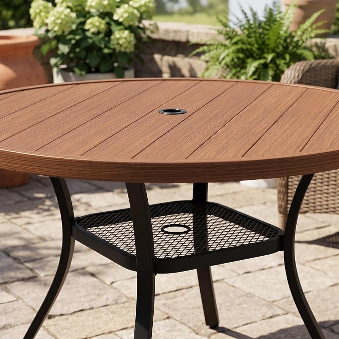 VICLLAX Metal Outdoor Dining Table for 4, All Weather 40.7" Black Round Patio Table with Adjustable Umbrella Hole for Lawn, Garden, Balcony and Poolsides, Walnut Wood Grain Tabletop