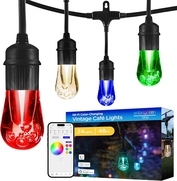 Enbrighten Vintage Outdoor String Lights, 48ft, 24 Bulbs, Smart | RGBWIC LEDs, Weatherproof, Shatterproof Acrylic Bulbs, Linkable up to 750ft, App Control, Works with Alexa & Google Home