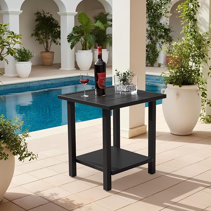 Outdoor Large Square Side Table, Heavy-Duty Metal Patio End Table, Weather Resistant Poolside Table with Easy Assembly for Balcony, Deck, Backyard (Dark Grey)