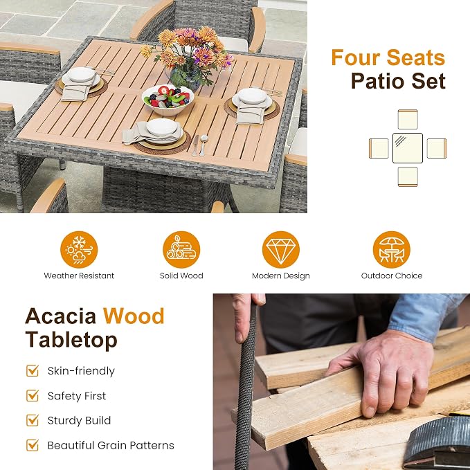 RoyalCraft 5-Piece Patio Wicker Dining Set for 4, Water-Resistant Rattan Outdoor Table with Wood Top and 4 Chairs, Conversation Set for Deck, Garden, Backyard, Removable Cushions, Grey