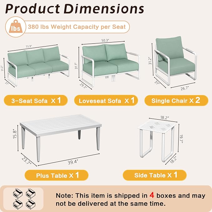 6-Piece All-Weather Aluminum Patio Conversation Set, Outdoor Sofa with Coffee Table & Thick Cushions, Modern Garden, Porch Seating for Backyard, Poolside, White