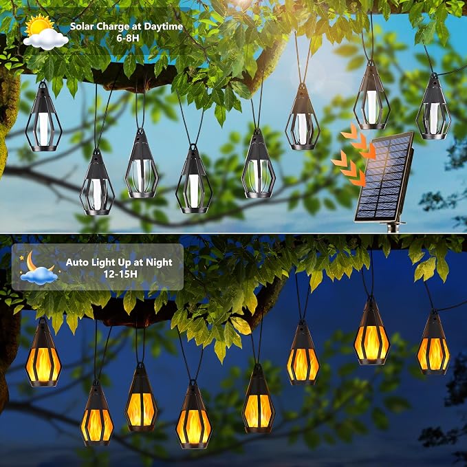 Jnaurb Solar String Lights for Outside, 21Ft Patio Lights with 10 Flickering Flame Light Bulbs, Waterproof Warm White Solar Powered Outdoor Light for Garden Yard Patio Gazebo Bistro Cafe Party Decor