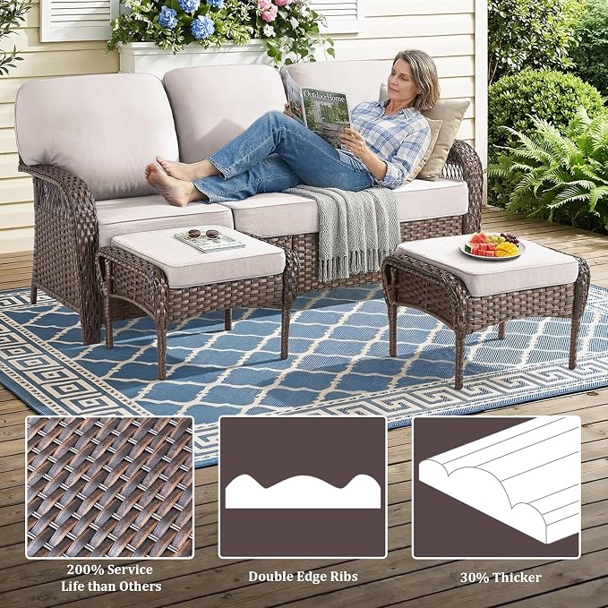 8 PCS Patio Furniture Set Outdoor Sectional Sofa Couch with Rocking Swivel Chairs 5" Deep Seat Chairs, Modern Wicker Rattan Conversation Set, Beige/Brown Wicker