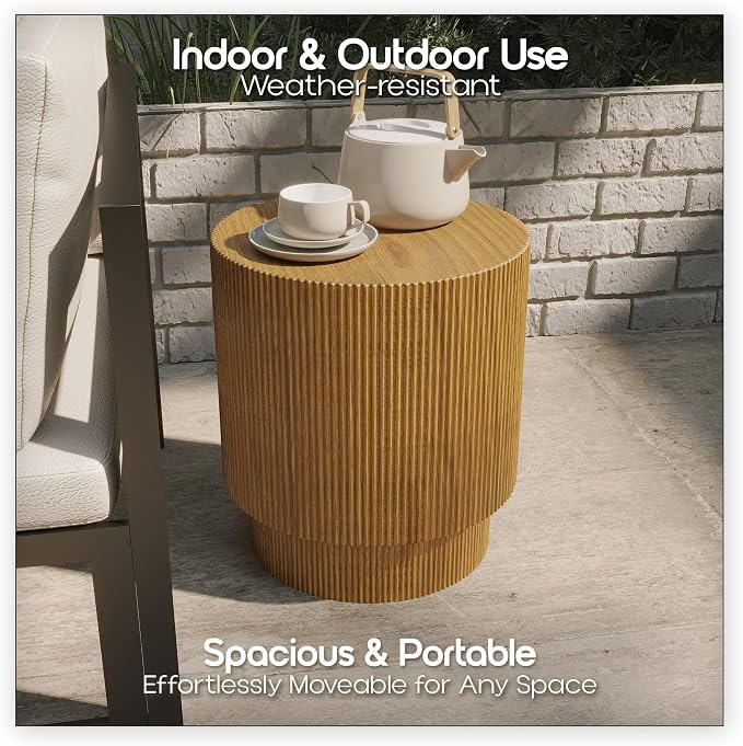LeisureMod Modern Side Table Round Fiberstone Top Accent End Table for Home, Outdoor Patio, Living Room Sofa, Weather-Resistant, Eden Series in Brown