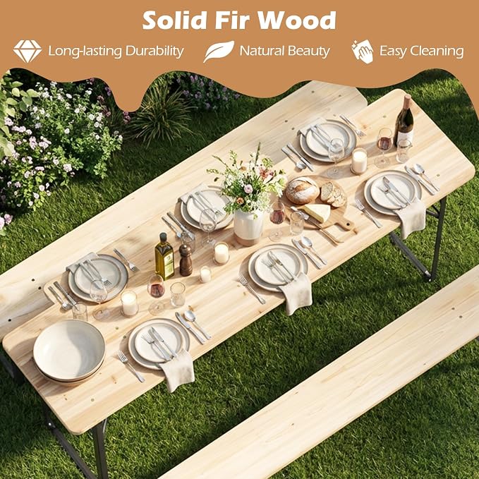 Byroce Folding Picnic Table Set with Benches, 70” Fir Wood Beer Table Set, Outdoor Dining Table with Heavy-Duty Metal Frame, Foldable Picnic Table for Patio, Garden, Backyard, BBQ & Parties (70")