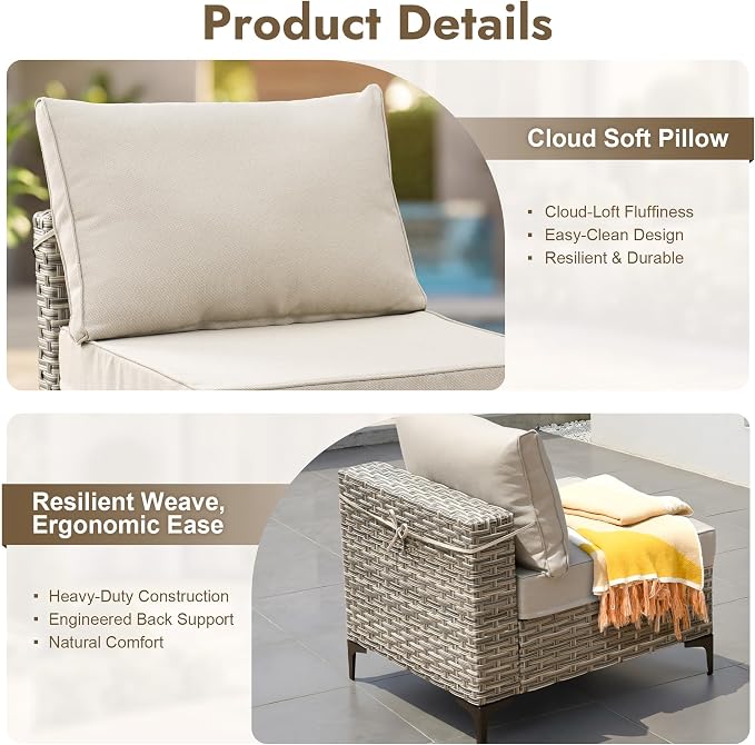 7 Pieces Patio Furniture Set with Solar Light Coffee Table, All-Weather Rattan Outdoor Sectional Conversation Sets L Shaped Sofas with Thick Cushions for Porch Balcony Backyard Beige