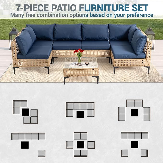 7 PCs Outdoor Patio Furniture All Weather Wicker Rattan Sectional Conversation Sofa Set w/Water Resistant Cushions, Coffee Table for Paito, Lawn, Garden, Dark Blue