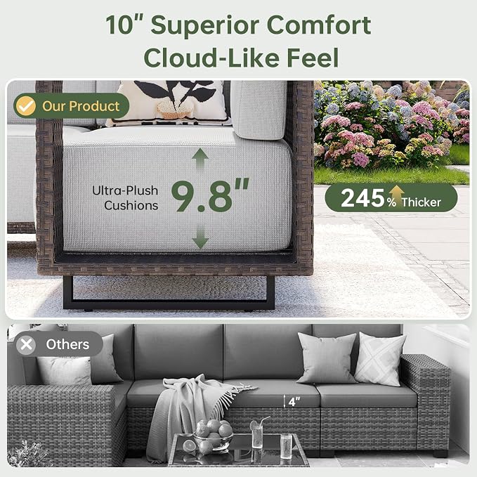 Aoxun Patio Furniture Set, 8 Piece Outdoor Wicker Sectional Sofa Set, All-Weather Rattan with 10'' Ultra-Thick Cushions, Outdoor Conversation Set for Backyard, Poolside and Garden, Brown/Light Gray