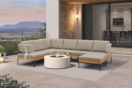 PURPLE LEAF Patio Furniture Set Outdoor Sectional Sofa with Fade-Resistant Cushions Wicker L-Shaped 7 Pieces Aluminum Conversation Sets with Ottoman for Balcony Yard Garden Poolside, Taupe