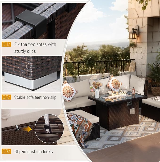 BULEXYARD 15 Piece Highback Wicker Patio Furniture Sets with Firepit, All-Weather Heavy Duty Outdoor Conversation Set Modular, Extra Deep Wide 14-Seats Sectional Couch Sofa for Backyard, Brown & Beige