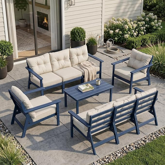 HDPE Patio Conversation Set 8 Seats, Outdoor Furniture Set, Patio Sofa Set | Water-Resistant Thick Cushion, HDPE All Weather, Wood-Grain, No Rot or Rust or Crack, UV Fade Shield, Easy-Clean for Outside