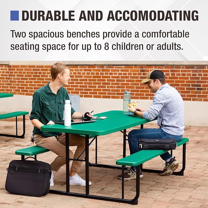 Norwood Commercial Furniture Rectangular Picnic Table with Benches, Blow-Molded Plastic Portable Outdoor Picnic Table, Green