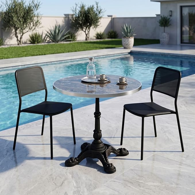 31.5 Inch Round Outdoor Patio Dining Table, Sintered Stone Bistro Table with Cast Iron Pedestal Base for Balcony Garden Poolside Cafe, Seats 2 to 4, Charcoal Marble