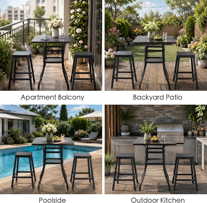 Kozyard 3-Piece Patio Bar Set with 2 Counter Height Bar Stools, Outdoor Bistro Table Set with Marble-Look Tabletop & Storage Shelves, All-Weather Bar Height Dining Set for Backyard, Balcony