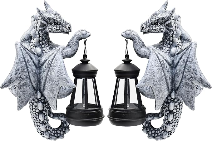 Goodeco Dragon Tree Hugger Solar Lantern Garden Statue - 2 Pack 9.3 Inch Resin Dragon Decor for Outdoor, Perfect Garden Gift & Yard Decor (Grey, 2-Pack)