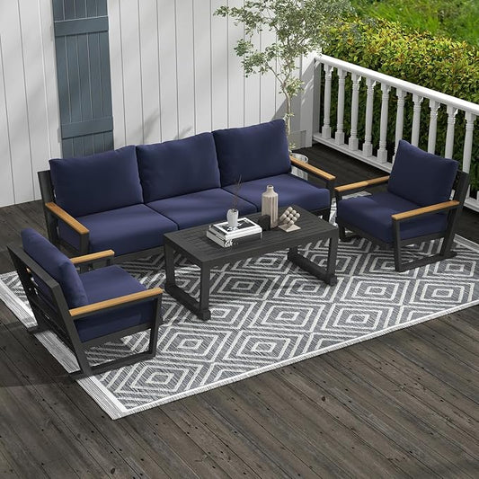Aluminum Outdoor Patio Furniture Set with Coffee Table,4 Piece Patio Conversation Sets with Washable Thick Cushions, Outdoor Sectional Furniture Set for Porch, Balcony, Deck, Yard, Blue