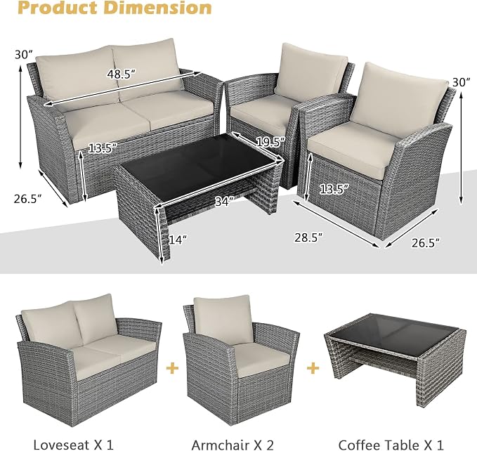 HAPPYGRILL 4 Pieces Conversation Set Outdoor Patio Rattan Furniture Set with Cushions and Coffee Table, Sectional Wicker Sofa Set for Garden Porch Balcony Poolside