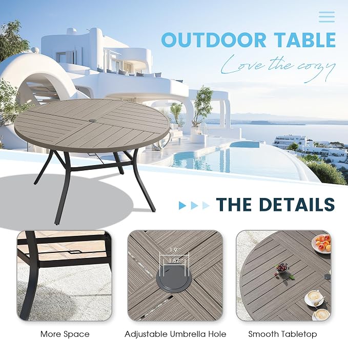 Patio Dining Table for 6-8, Round Metal Outdoor Table with Storage Shelf, 1.57" Umbrella Hole, 53" Outdoor Quartered Tabletop Dining Table for Backyard, Porch, Lawn, Grey
