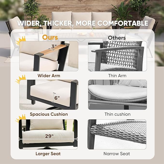 Natural Expression Patio Furniture Set, 4 Piece Metal Outdoor Conversation Set with 2 Swivel Rocker, 3-seat Sofa, Handwoven Wicker Back & Fauxwood Tabletop, 3" Wide Arm with 6" Cushion for Porch, Yard