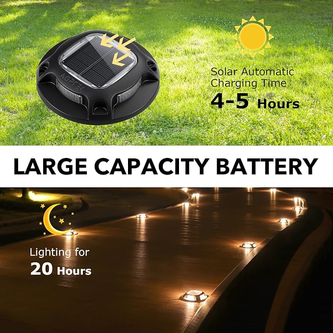 AGPTEK Solar Driveway Lights Outdoor 12 Pack, 2 Color Modes LED Deck Dock | Marine Waterproof Driveway Marker Lights for Step Sidewalk Stair Garden Pathway Walkway Yard (Warm White/Cool White, Black)