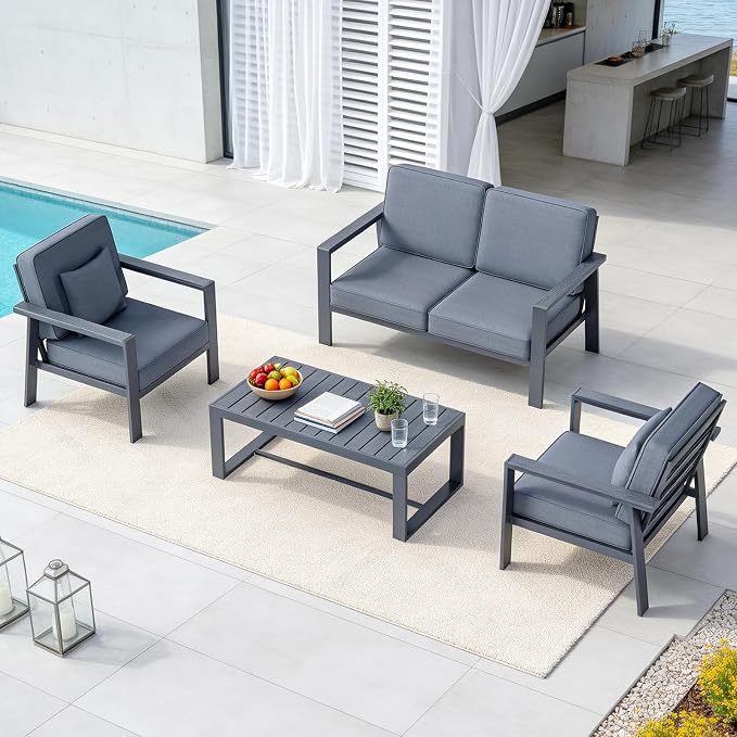 Premium Aluminum Patio Furniture Set 4 Piece,Outdoor Conversation Set with Wide Armrest,5" Thick Cushions, Olefin Fabric,Rustproof Metal Frame,Deep Seating Patio Sofa Set for Backyard,Deck,villa,Gray