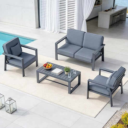 Premium Aluminum Patio Furniture Set 4 Piece,Outdoor Conversation Set with Wide Armrest,5" Thick Cushions, Olefin Fabric,Rustproof Metal Frame,Deep Seating Patio Sofa Set for Backyard,Deck,villa,Gray