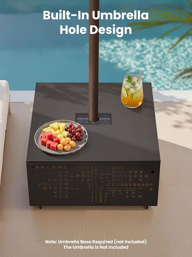 27" Outdoor Solar-Light Coffee Table with Geometric Cut-Out Design, Square Accent Coffee Table with Umbrella Hole, All Weather-Resistant Side Table for Patio, Garden, Deck, Grey