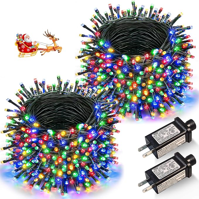 2 Pack Christmas Lights Outdoor, Total 200FT 600 LED Christmas Tree Lights | Multicolor, Plug in 8 Modes Waterproof Connectable String lights for Outside Indoor Patio Party Garden Xmas Decorations
