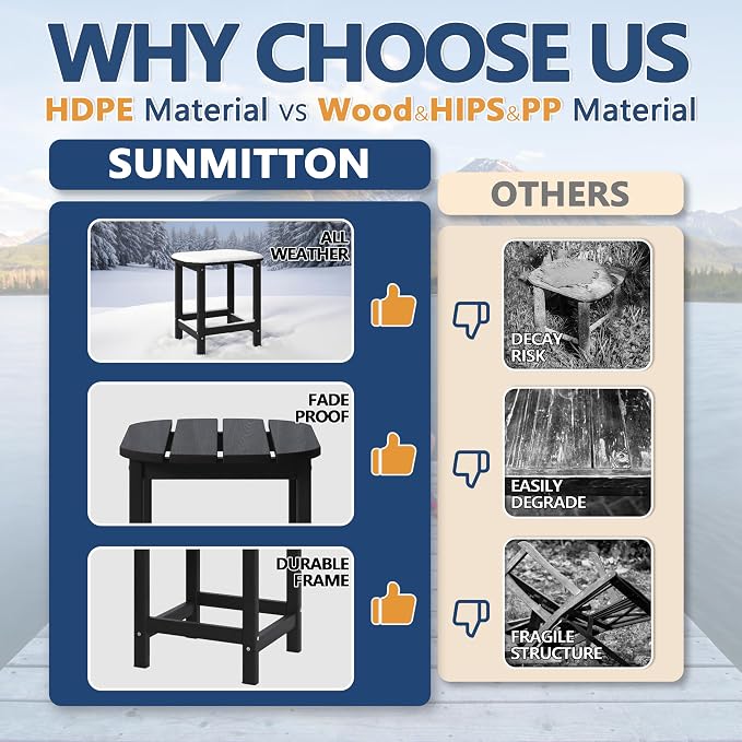 Outdoor Adirondack Side Table for Patio Porch Pool, 18" HDPE Weather Resistant End Table for Backyard and Indoor Use, Easy Maintenance & Indoor Outdoor Durable Construction(Black)