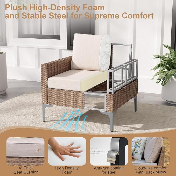 2 Piece Outdoor Single Chairs, All-Weather Wicker Patio Sofa Set with Cushions for Garden, Poolside, Backyard, Beige