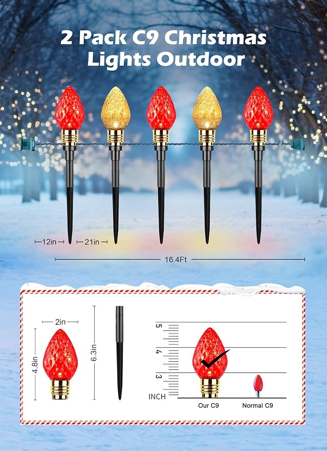2 Pack Strawberry C9 Christmas Pathway Lights Outdoor, Total 34.8 Feet | 20 LED C9 Pathway Lights, Connectable Christmas Light Outdoor Decoration for Lawn Yard Holiday Walkway, Red & Warm White
