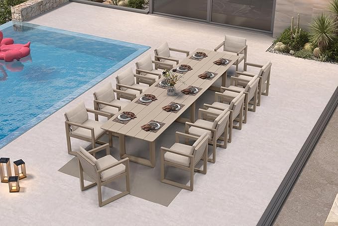 PURPLE LEAF Outdoor Dining Set for 12 Aluminum Oversize Patio Furniture Table and Chairs Set with All Weather Thick Cushion Rectangular Patio Dining Sets for Large Backyard Garden Poolside, Khaki