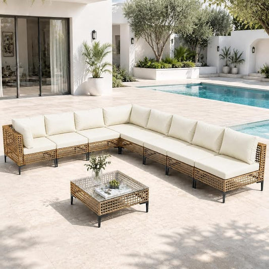 9-Piece Outdoor Wicker Patio Sectional Furniture Set, Beige | All Weather Performance, PE Rattan, Patio Conversation Set w/Coffee Table, for Backyard, Porch, Poolside, Deck