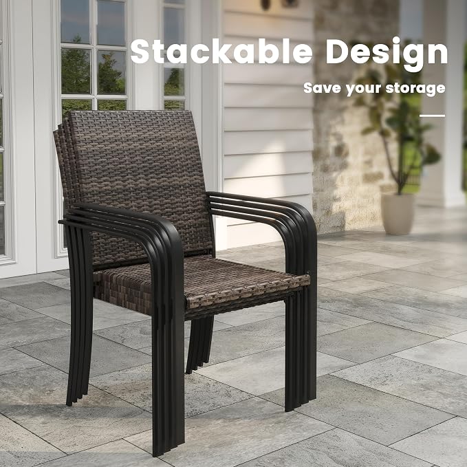 VICLLAX 8 Pieces Patio Dining Set with Wheat Umbrella, 6 Stakable Wicker Outdoor Chairs and Patio Rectangular Table with Umbrella Hole for Backyard Lawn Deck, Black Tabletop