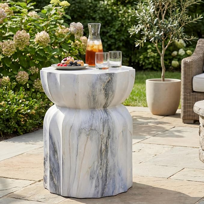 Christopher Knight Home 18.9 Inch Modern Outdoor Faux Concrete Side Table, Sculptural Fluted Hourglass Accent Table for Patio Garden Balcony Poolside