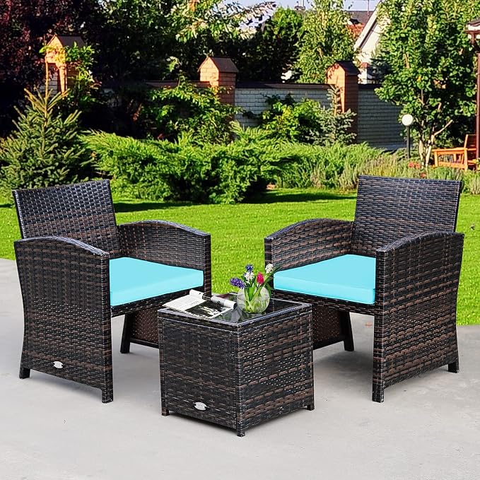 Tangkula 3-Piece Outdoor PE Rattan Furniture Set, Patio Conversation Set w/Chair & Storage Coffee Table, Detachable Cushion, Stable X-Shaped Frame, Perfect for Garden, Backyard, Poolside (Turquoise)