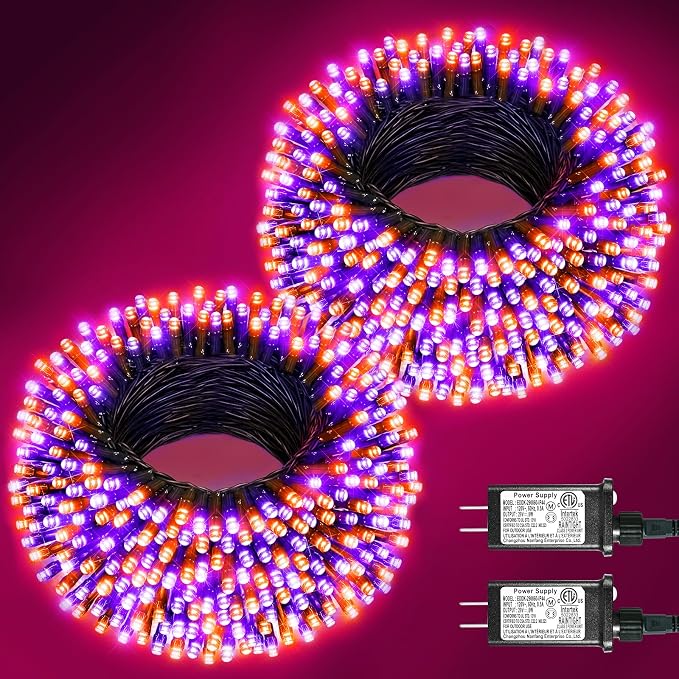 2 Pack Halloween Lights, Total 200FT 600 LED Outdoor String Lights | Orange and Purple, 8 Modes Waterproof Plug in Halloween Decorations for Outside Indoor House Patio Garden Party Holiday