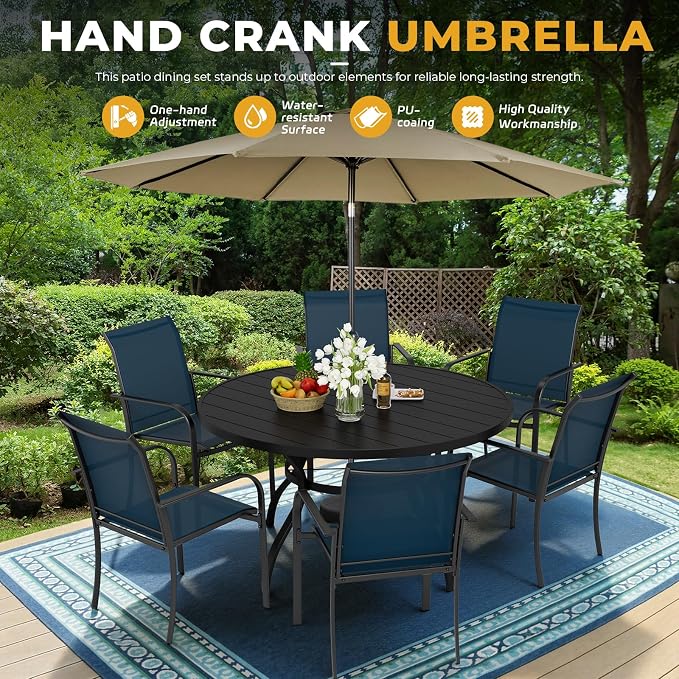 Incbruce 8 PCS Patio Dining Set with Brown Umbrella, Outdoor Dining Set of 6 Textilene Chairs and 53" Round Table with Umbrella Hole for Backyard, Garden, and Poolside (Blue)