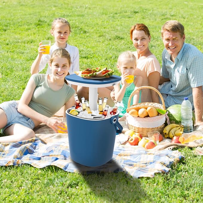 Portable Outdoor Ice Cooler Bar, 15-Can Blue Multifunctional Side Table with Snack Tray, Hidden Bottle Opener & Food Clips, Lightweight for Indoor/Patio Use, Camping, Poolside, Party